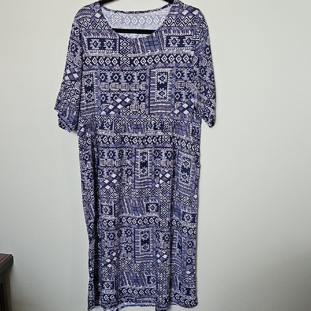 Navy and White Geometric Print Midi House Dress Large